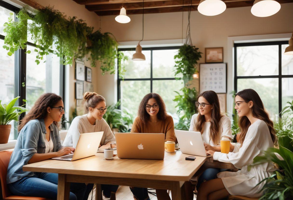 A vibrant illustration of a diverse group of aspiring bloggers sitting at laptops and brainstorming ideas, surrounded by floating digital marketing icons like social media symbols, analytics charts, and SEO elements. The setting is a cozy coffee shop filled with plants and natural light, evoking a sense of creativity and collaboration. The color palette is bright and inviting with playful details. super-realistic. vibrant colors.