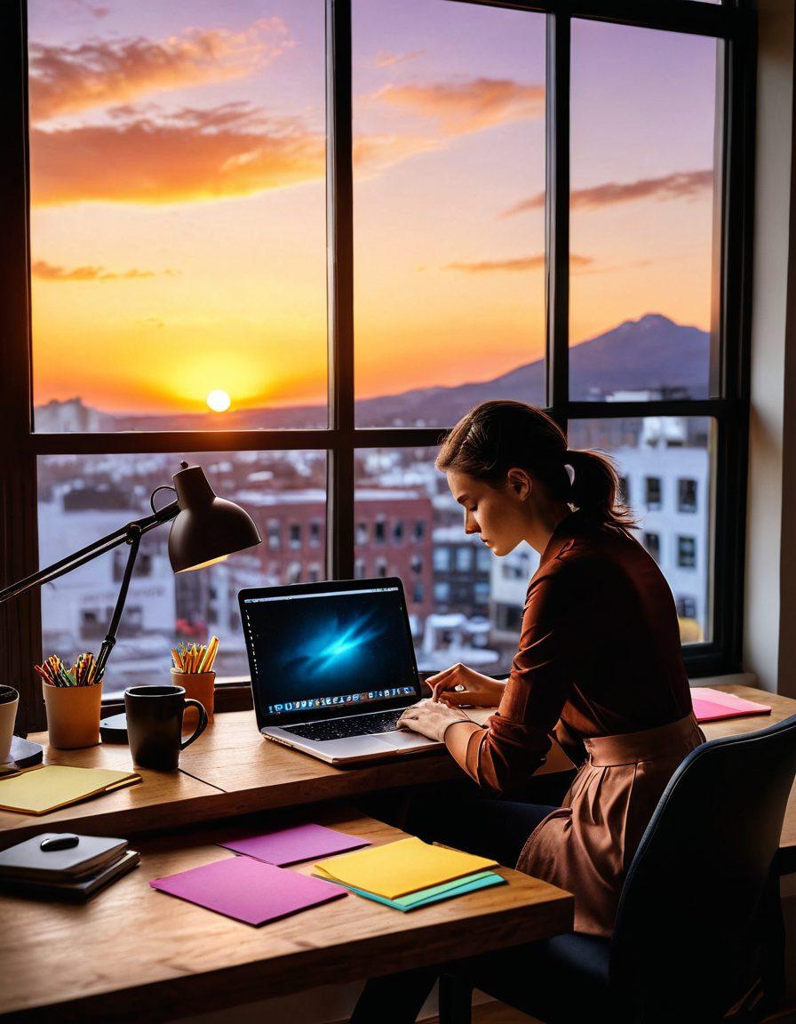 A person sitting at a cozy desk, passionately typing on a laptop, surrounded by vibrant sticky notes filled with ideas and tips. A window shows a glowing sunset outside, symbolizing inspiration. A coffee cup and a notebook with a pen are nearby, emphasizing a creative workspace. The scene conveys a sense of motivation and hope for aspiring bloggers. super-realistic. warm colors. inviting atmosphere.