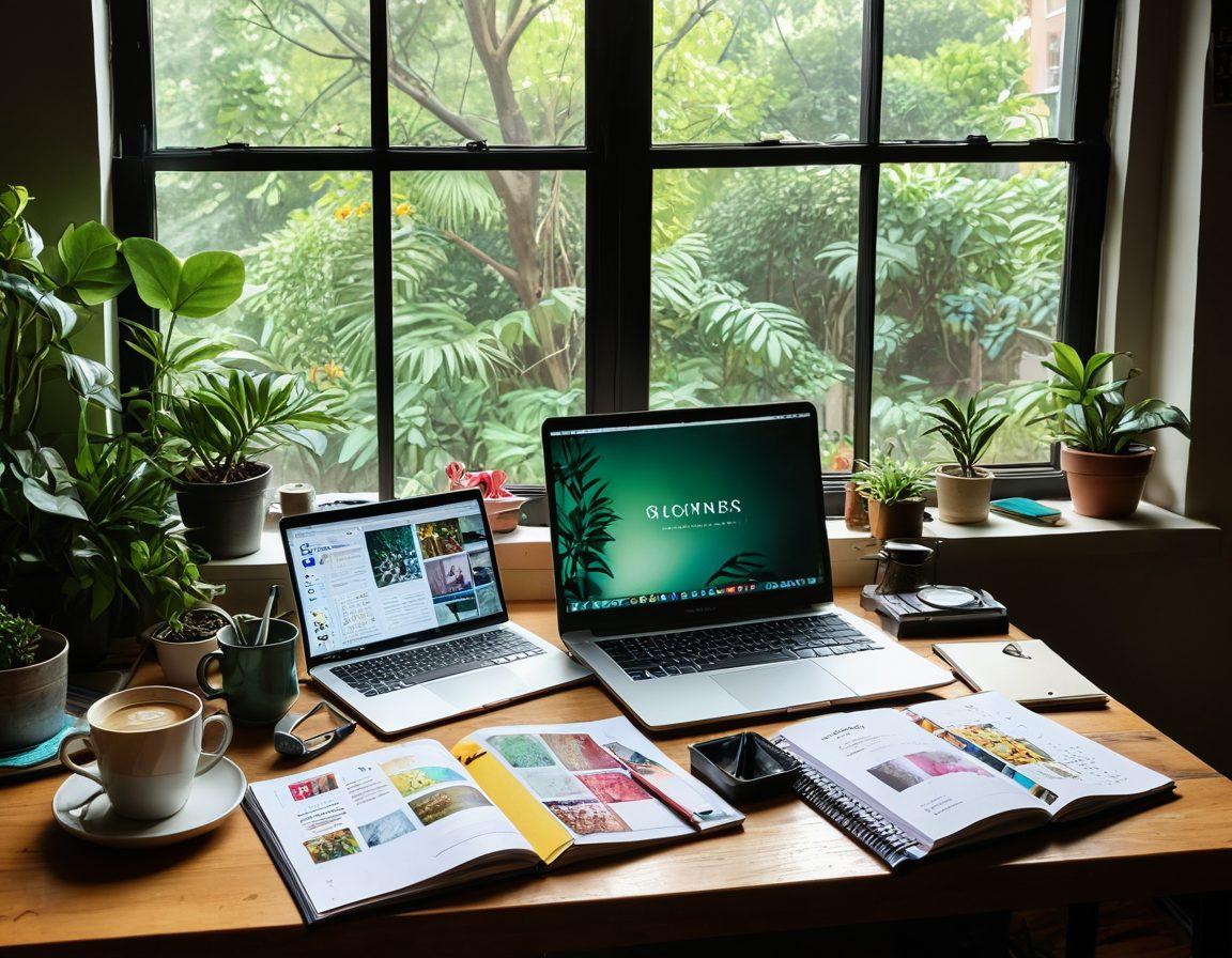 A creative workspace with a laptop open to a blog page, surrounded by colorful notebooks, art supplies, and a steaming cup of coffee. The atmosphere is vibrant and inspiring, featuring a vision board with images of lifestyle, travel, and passion projects. A window with natural light pouring in enhances the cozy feel, with plants adding a touch of freshness. The scene invites readers to explore their own content creation journey. bright and colorful. digital art.